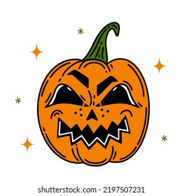 Halloween Kürbis, Vektorsymbol. Lächelnd gruseliges Gesicht auf einem Gemüse. Jack Laterne einzeln auf Weiß. Herbstferien-Symbol, süßer, flacher Cartoon. Spooky Clip Art für saisonale Poster, Karten, Aufkleber, Logo