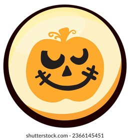 halloween pumpkin vector icon with yellow background and black border.