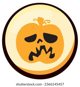 halloween pumpkin vector icon with yellow background and black border.