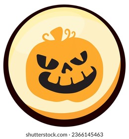 halloween pumpkin vector icon with yellow background and black border.