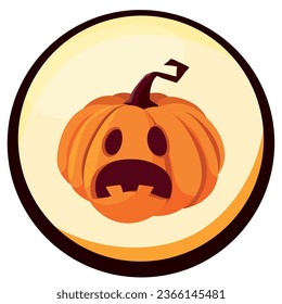 halloween pumpkin vector icon with yellow background and black border.