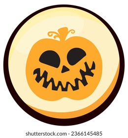 halloween pumpkin vector icon with yellow background and black border.