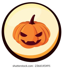 halloween pumpkin vector icon with yellow background and black border.