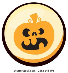 halloween pumpkin vector icon with yellow background and black border.