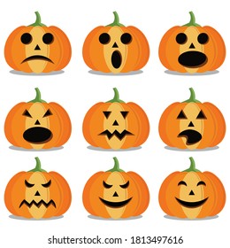 Halloween pumpkin vector icons set. Emotion Variation. Simple flat style design elements. horror images of pumpkins. Scary Jack-o-lantern facial expressions Illustration.