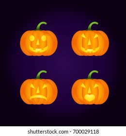Halloween pumpkin vector icons set, emotion variation, emoji. Simple flat style design elements.  Different funny and horror face expressions.
