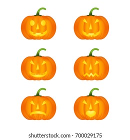 Halloween pumpkin vector icons set, emotion variation, emoji. Simple flat style design elements.  Different funny and horror face expressions.