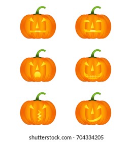 Halloween pumpkin vector icons set, emotion variation, emoji. Simple flat style design elements.  Different funny and horror face expressions.