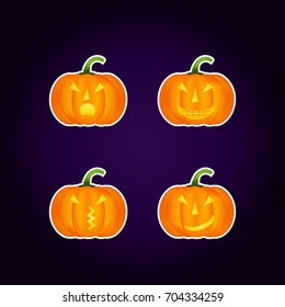 Halloween pumpkin vector icons set, emotion variation, emoji. Simple flat style design elements.  Different funny and horror face expressions.