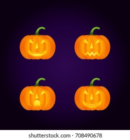 Halloween pumpkin vector icons set, emotion variation, emoji. Simple flat style design elements.  Different funny and horror face expressions.