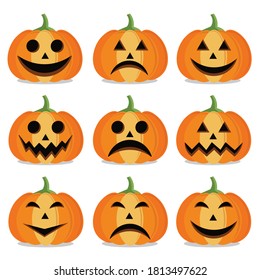 Halloween pumpkin vector icons set.Emotion Variation. Simple flat style design elements.horror images of pumpkins.Scary Jack-o-lantern facial expressions Illustration.