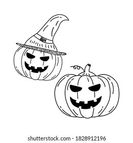 Halloween pumpkin vector illustration in doodle hand drawn style with black color isolated on white background 