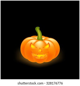 Halloween pumpkin vector illustration, Jack O Lantern isolated on black background. Scary orange picture with eyes and candle light inside.