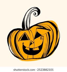 Halloween pumpkin vector illustration, line drawing, sketch style, cute whimsy character, beige background