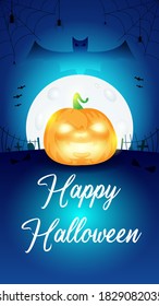 Halloween Pumpkin Vector Illustration with moon, moonlight, bats and spiders