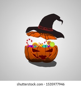 Halloween pumpkin vector illustration. trick or treat. crack pumpkin with witch's hat. candy inside the pumpkin