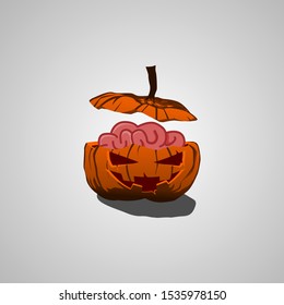 Halloween pumpkin vector illustration. trick or treat. crack pumpkin with brain inside.