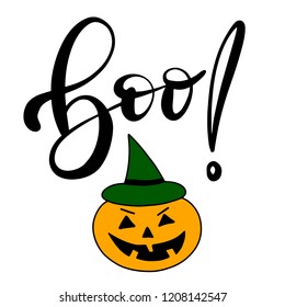 Halloween pumpkin vector on white background for invitation. Halloween party card with pumpkin and word boo template. EPS10