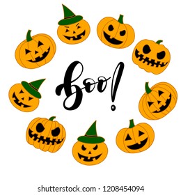 Halloween pumpkin vector on white background for invitation. Halloween party card with pumpkin and word boo template. EPS10