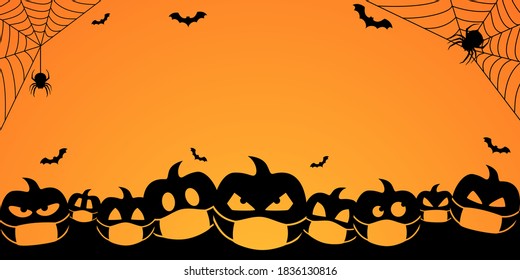 halloween pumpkin vector orange background. silhouette quarantine face mask symbol. banner seasonal october greetings.