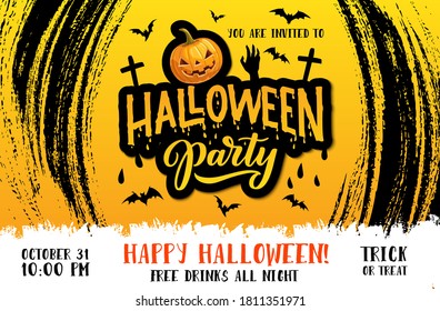 Halloween pumpkin vector poster of horror night party invitation. Scary bats, hand of zombie monster and spooky lantern with cemetery crosses on orange background with black brush strokes frame