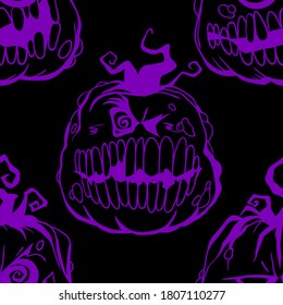 Halloween pumpkin vector seamless pattern. Design background for party poster. Hand drawn cartoon illustration in black and purple.