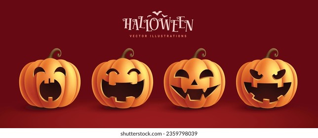 Diseño de conjunto de vectores de calabaza de Halloween. Calabazas anaranjadas de Halloween y colección de calabazas con expresión facial espeluznante, aterradora y de horror en un fondo rojo. Colección de elementos de calabazas de la ilustración del vector