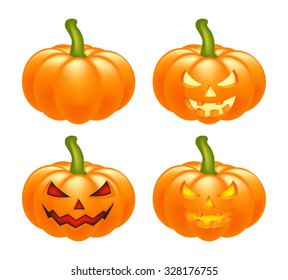Halloween pumpkin vector set illustration, Jack O Lantern isolated on white background. Scary orange picture with eyes and candle light inside.