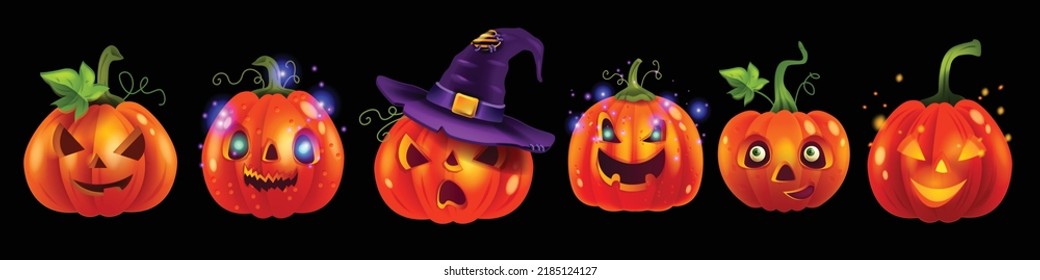 Halloween pumpkin vector set, orange happy cartoon lantern laugh festive element, scary carving face. Spooky funny expression, evil eyes, witch hat, cut mouth. Halloween pumpkin season holiday clipart