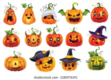 Halloween pumpkin vector set, orange happy cartoon lantern laugh festive element, scary carving face. Spooky funny expression, cut mouth, evil eyes, witch hat. Halloween pumpkin season holiday clipart