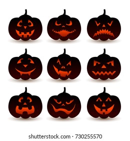 Halloween pumpkin vector set . Pumpkins with scary faces. Fall or autumn holiday, and harvest festival. Black pumpkin. Lantern