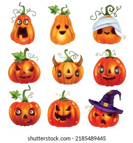 Halloween pumpkin vector set, scary carving face, orange happy cartoon lantern laugh festive element. Spooky funny expression, witch hat, cut mouth, evil eyes. Halloween pumpkin season holiday clipart