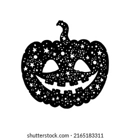 Halloween pumpkin vector silhouette. Pumpkin icon. Halloween scary illustration. Cute black face isolated on white background. Jack lantern autumn cartoon. Hipster horror smile logo. Vintage sketch