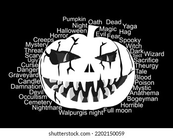 Halloween pumpkin vector silhouette illustration isolated on black. Scary face laughing. Happy Jack O Lantern. grinning smile Halloween pumpkin face emotion. Spooky head squash with devil smile.