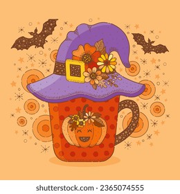 Halloween pumpkin vector silhouette. Retro Halloween poster with witch hat on tea mug. Witchcraft magic concept. Coffee cup with pumpkin, cone cap with buckle, flowers. Hand drawn hippie illustration