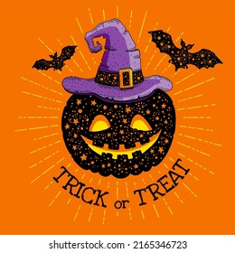 Halloween pumpkin vector silhouette. Pumpkin in witch hat scary illustration. Cute icon, isolated white background. Cartoon autumn lantern. Black jack face. Smile funny evil with trick or treat quote