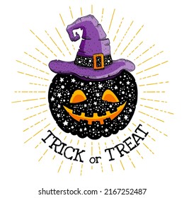 Halloween pumpkin vector silhouette. Pumpkin in witch hat scary illustration. Cute icon, isolated white background. Cartoon autumn lantern. Black jack face. Smile funny evil with trick or treat quote