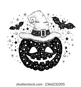 Halloween pumpkin vector silhouette. Pumpkin in witch hat and bats. Halloween scary illustration. Black face isolated on white background. Vintage Jack lantern autumn cartoon. Horror smile sketch logo