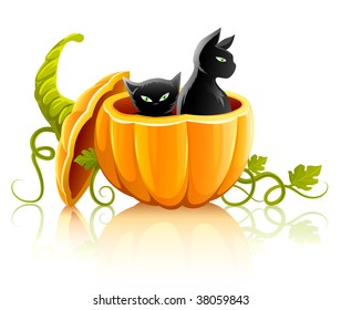 halloween pumpkin vegetable with black cats - vector illustration