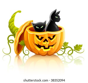 halloween pumpkin vegetable with black cats - vector illustration