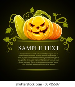 halloween pumpkin vegetables with green leaves on black - vector illustration