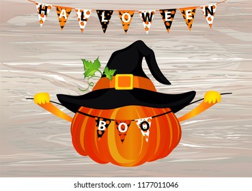 Halloween. Pumpkin in a velvet hat holds a garland with flags with the letters boo. Vector on wooden background. Greeting card for a holiday or an invitation to a party.