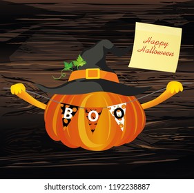 Halloween. Pumpkin in a velvet hat holds a garland with flags with the letters boo. Vector on wooden back. Greeting card for holiday. Yellow sheet of paper for notes. Sticker.