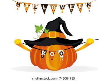 Halloween. Pumpkin in a velvet hat holds a garland with flags with the letters boo. Vector. Greeting card for a holiday or an invitation to a party.