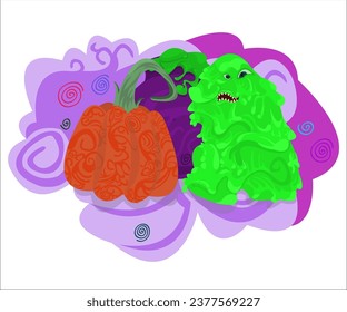 A Halloween pumpkin, a violet cauldron with liquid, a green fantasy, monstrous creature. This cartoon illustration can be used for Halloween scary parties, invitations, greetings. Vector, isolated.