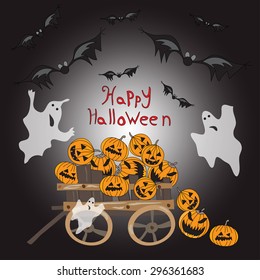 Halloween pumpkin in a wagon bats perfume vector illustration