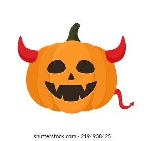 Halloween pumpkin wearing devil horns. Orange Jack O Lantern pumpkin  isolated on white background.