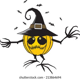 Halloween pumpkin wearing hat and surrounded by bats isolated on white/trick or treat vector illustration