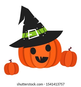 Halloween pumpkin wearing hat, vector illustration