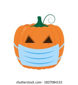 Halloween Pumpkin wearing protective mask icon isolated on white. Cute cartoon Jack-o'-Lantern. Coronavirus covid-19 pandemic. Halloween 2020 party decorations. Easy to edit vector template.